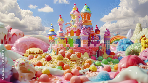 A colorful candy castle with towers and arches stands in a fantasy landscape filled with gumdrops, sugary hills, and a bright rainbow in the sky.