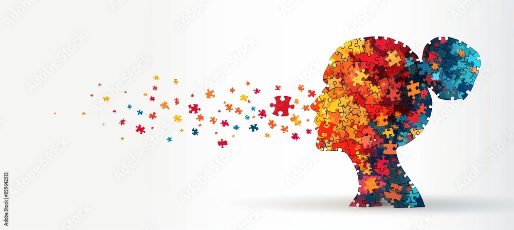 Colorful puzzle pieces form the shape of a human head on a white ...