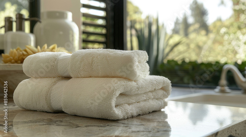 White towels are neatly stacked on a marble countertop with a blurred green plant and window in the background. © Karolis