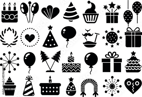 Holiday & Celebration related concept such as Fireworks, balloons, party hats & many more editable stroke outline icons isolated on white background flat vector illustration