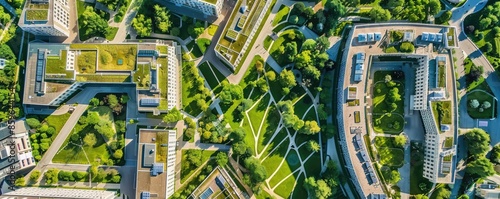In the beautiful aerial view, lush green university campus features modern buildings and abundant foliage AIG59