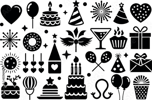 Holiday & Celebration related concept such as Fireworks, balloons, party hats & many more editable stroke outline icons isolated on white background flat vector illustration