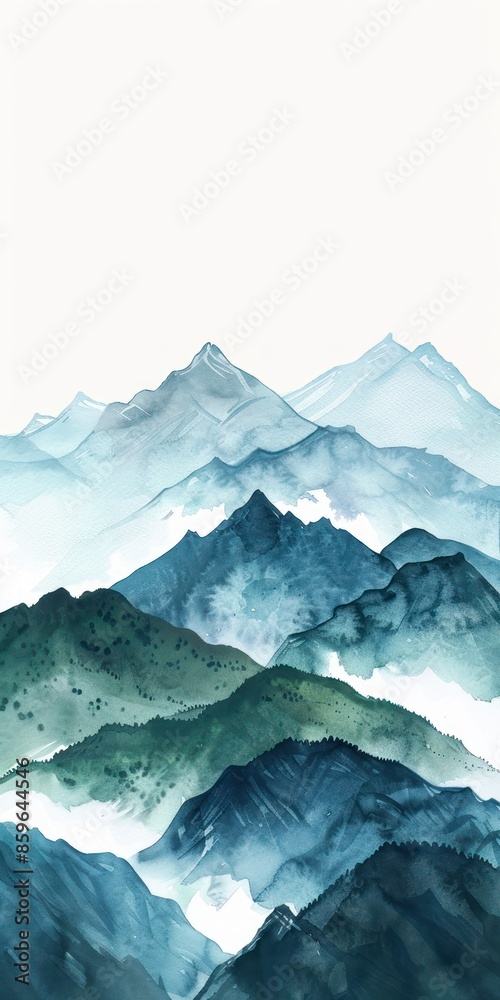 Serene watercolor painting of misty blue and green mountains in layers, offering a calming and peaceful natural landscape. Serene watercolor painting of misty blue and green mountains in layers, offering a calming and peaceful natural landscape.