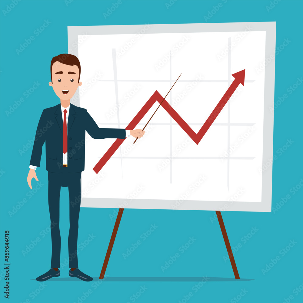 A businessman stands near the schedule with a pointer. Linear graph of decline and rise A businessman stands near the schedule with a pointer. Linear graph of decline and rise