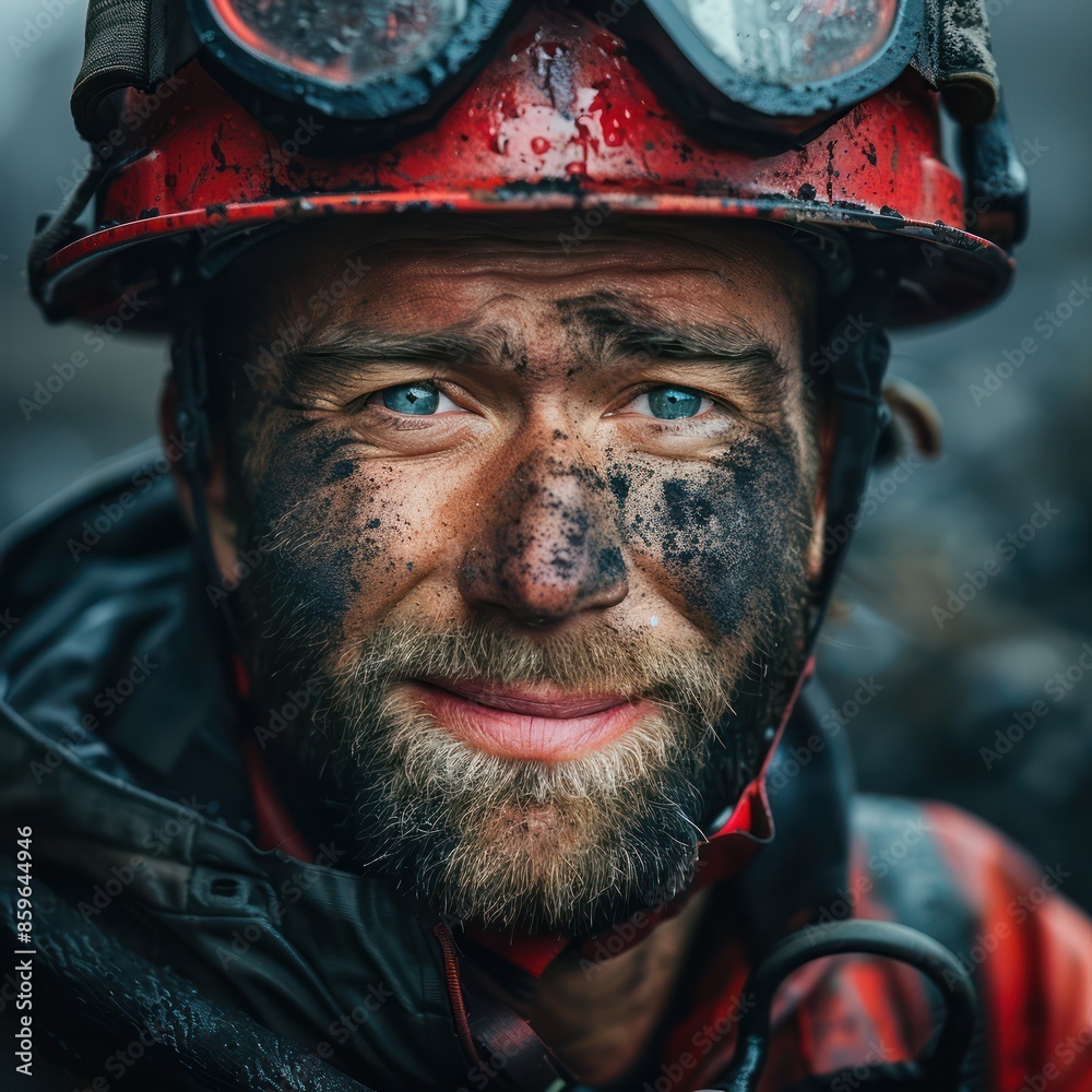 Fototapeta premium Close-up of a rugged firefighter with dirty face and protective gear, showcasing determination and bravery amidst challenging conditions.