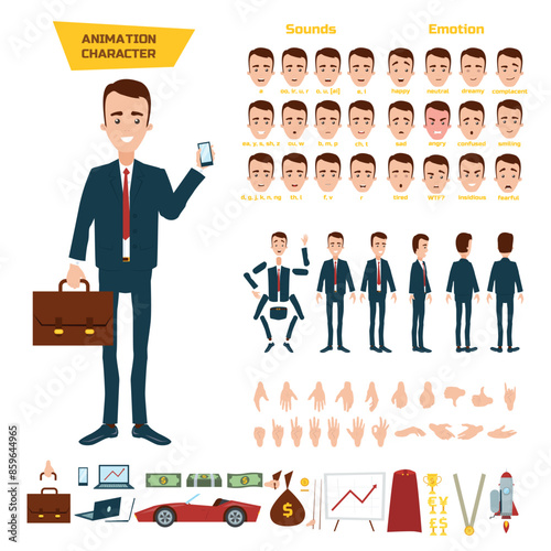 A great set for the animation of a businessman character on a white background. Animation of sounds, emotions, gestures of hands. View straight, side, back, 3/4.