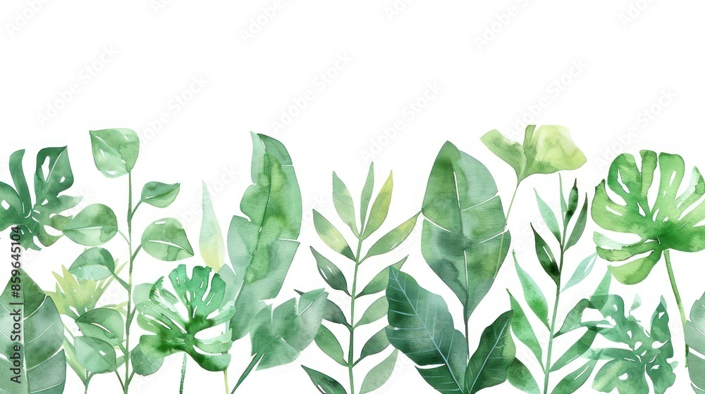 Obraz premium Watercolor illustration of various green leaves and plants on a white background. Perfect for nature-themed designs and backgrounds.