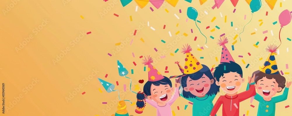 Illustration of children joyfully celebrating a party with confetti and balloons, capturing the essence of fun and celebration. Illustration of children joyfully celebrating a party with confetti and balloons, capturing the essence of fun and celebration.