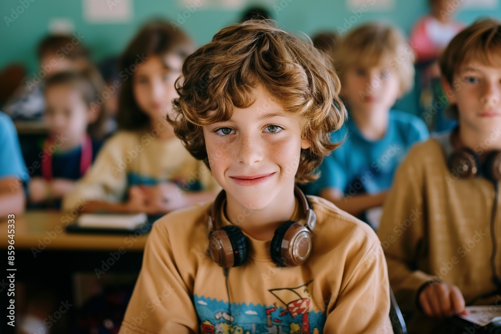 Fototapeta premium A boy with brown hair and a brown shirt is smiling at the camera