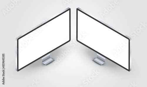 Computer monitor mockup isometric view with white empty screen for display your ux design, site, presentation and web project. Realistic two 3d smart led tv standing on desk with shadow.
