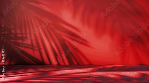 Abstract red background with palm leaf shadows. Vibrant and creative tropical scene, perfect for design projects and artistic uses.