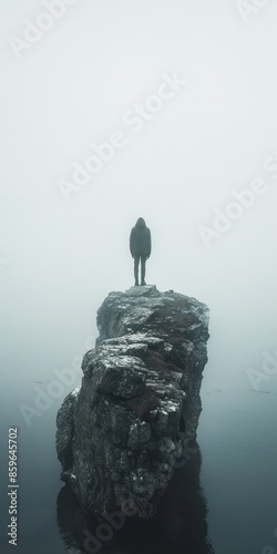 Lonely figure standing on a rock in the middle of foggy waters, creating a haunting and mysterious scene of solitude. photo