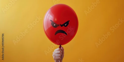 Hand holding a red angry face balloon against a vibrant yellow background, representing emotion, frustration, and negative feelings.