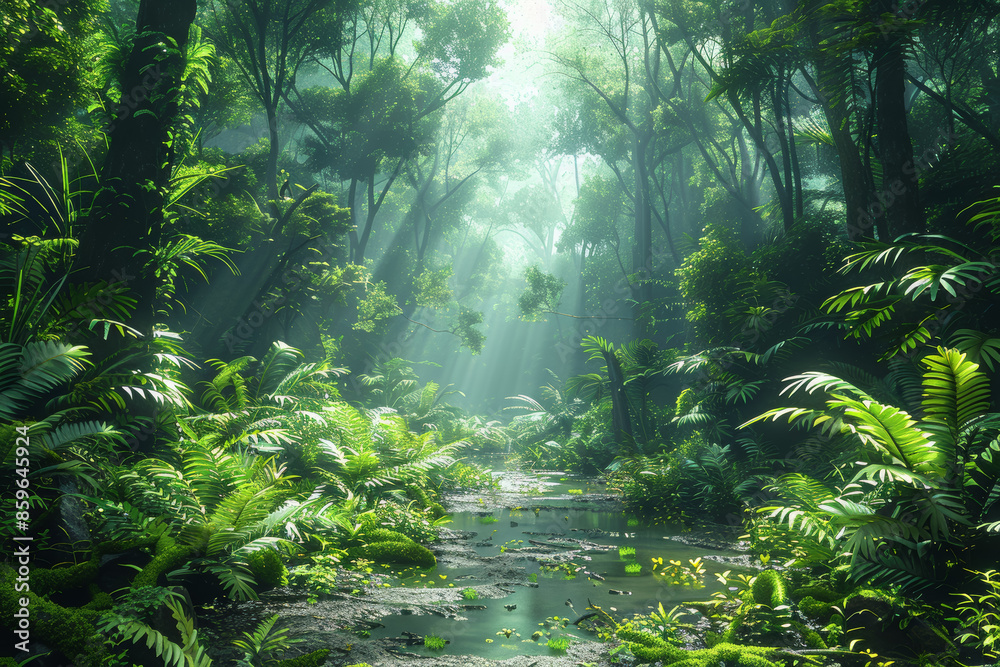 A pristine rainforest with towering trees and diverse flora. Concept of ecology and conservation. Generative Ai. A pristine rainforest with towering trees and diverse flora. Concept of ecology and conservation. Generative Ai.