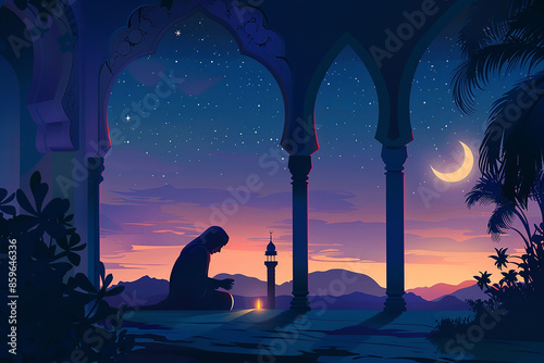 Illustration of Muslims praying tahajjud at night photo