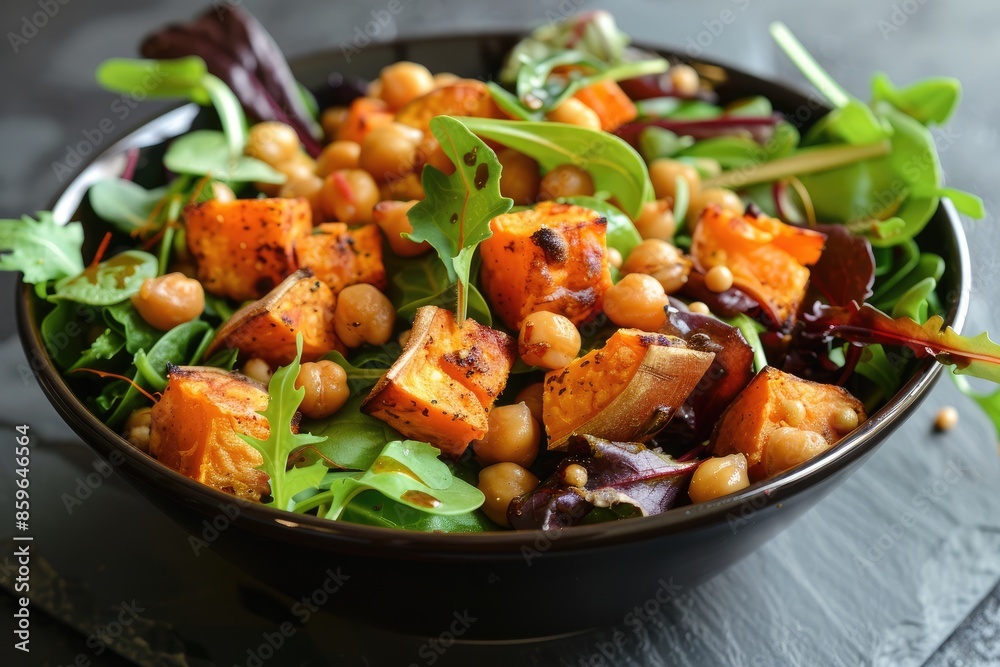 A vibrant and nutritious bowl of mixed greens with roasted sweet potatoes and chickpeas A vibrant and nutritious bowl of mixed greens with roasted sweet potatoes and chickpeas