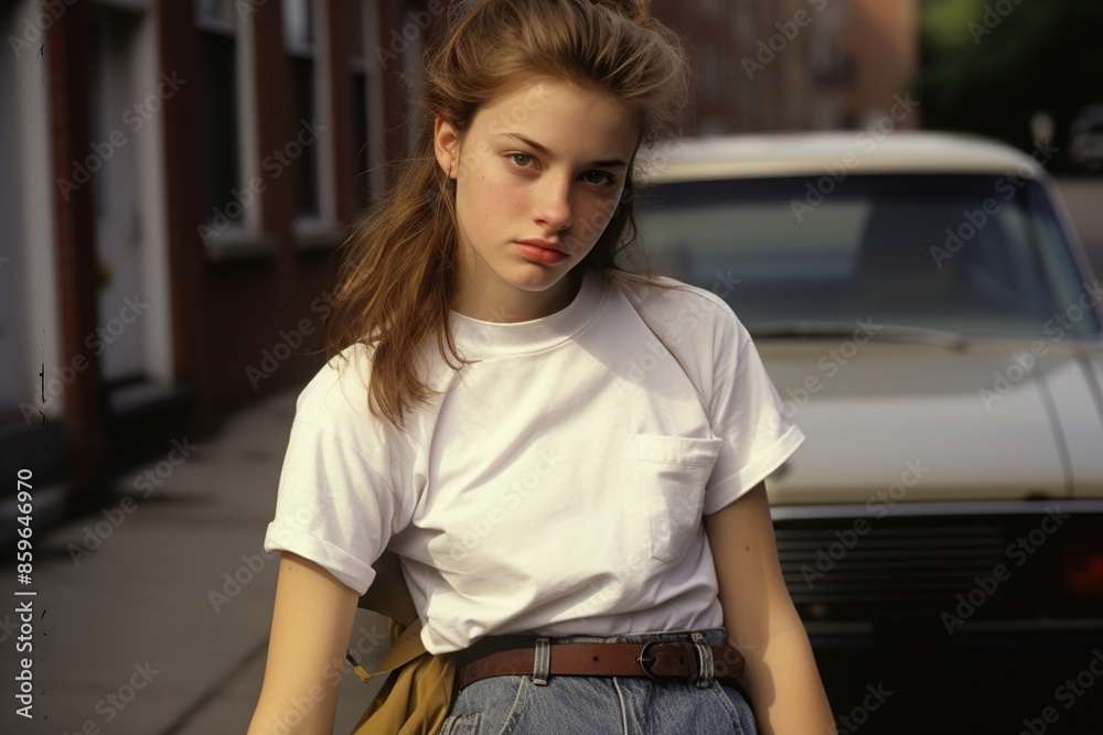 Portrait of a student girl with 90s style and fashion
