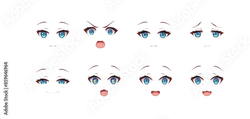Anime manga necko cat girl expressions eyes set. Japanese cartoon style