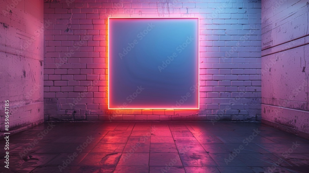 Neon frame on brick wall in an empty room with a moody atmosphere, futuristic concept