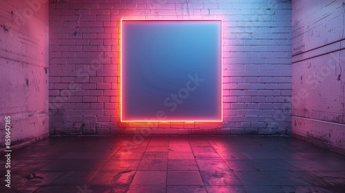 Obraz na płótnie Neon frame on brick wall in an empty room with a moody atmosphere, futuristic concept w salonie