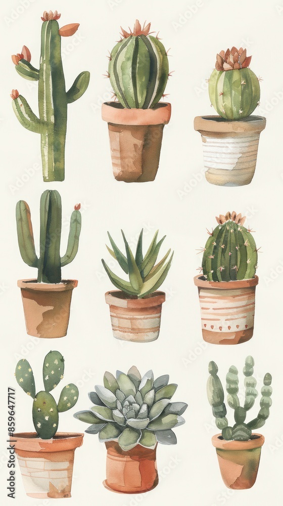 Watercolor illustrations of various cacti and succulents in pots, showcasing diverse and vibrant botanical designs. Watercolor illustrations of various cacti and succulents in pots, showcasing diverse and vibrant botanical designs.