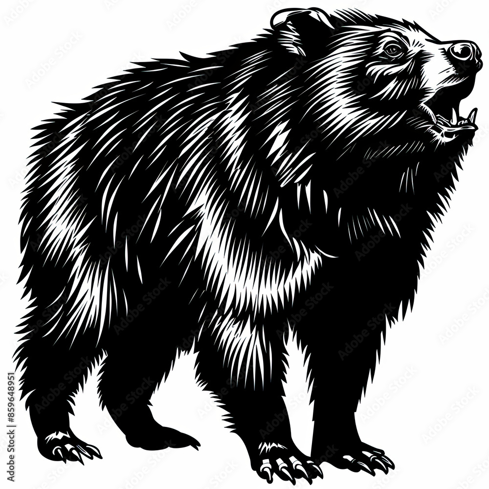 A black and white drawing of a bear with its mouth open A black and white drawing of a bear with its mouth open