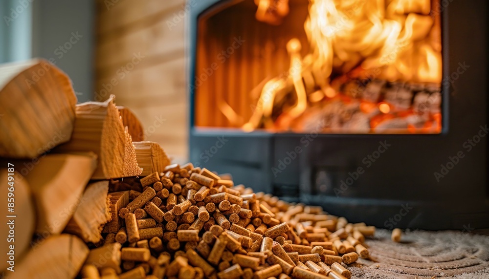 Wood Pellets and Burning Fireplace. Generative ai. Wood Pellets and Burning Fireplace. Generative ai.