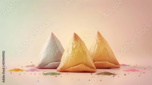 A simple yet elegant graphic showcasing three pastel-colored maamoul pastries arranged in a triangular display,serving as an appealing advertisement or promotional sign for a bakery,cafe. photo