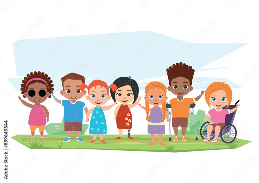 Children of different disabilities and healthy children posing, Children of different disabilities and healthy children posing,