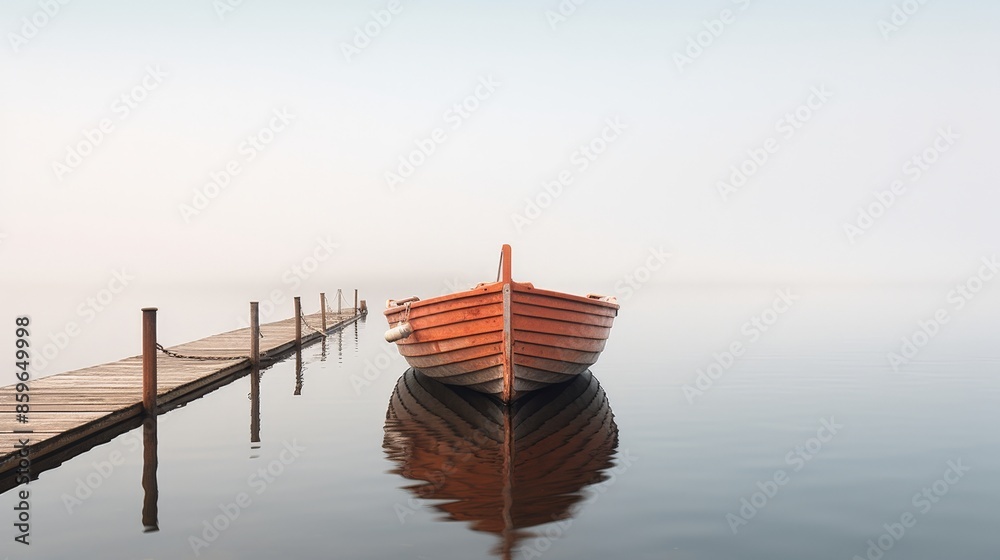 Fototapeta premium A lone rowboat rests on a wooden dock, shrouded in morning mist
