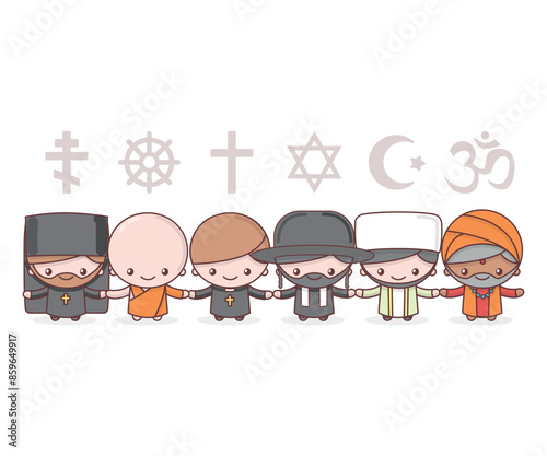 Cute characters. Judaism Rabbi. Buddhism Monk. Hinduism Brahman. Catholicism Priest. Christianity Holy father. Islam Muslim. Religion vector symbols. Friendship and peace for different creeds.