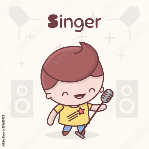 Cute chibi kawaii characters. Alphabet professions. Letter S - Singer