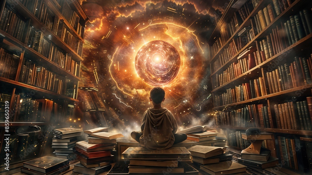 Boy gazes at books, portal of wisdom