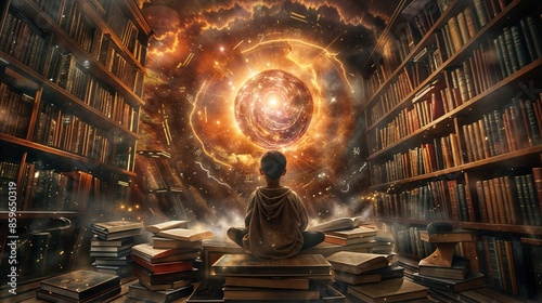 Obraz na płótnie Boy gazes at books, portal of wisdom w salonie