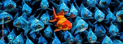 A unique orange fish stands out among a school of blue fish, symbolizing individuality and contrast in a sea of uniformity. photo