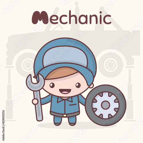 Cute chibi kawaii characters. Alphabet professions. The Letter M - Mechanic.
