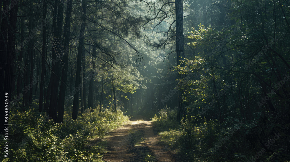 Obraz premium A path winds through a forest with tall trees and green leaves. Sunlight filters through the branches, casting soft light on the ground.