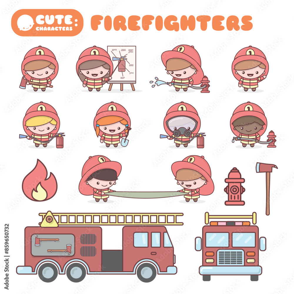 Cute chibi kawaii characters profession set: Firefighters. Cute chibi kawaii characters profession set: Firefighters.