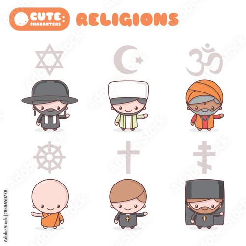 Cute kawaii characters set: People of different religions. Judaism Rabbi. Buddhism Monk. Hinduism Brahman. Catholicism Priest. Christianity Holy father. Islam Muslim. Religion vector symbols.