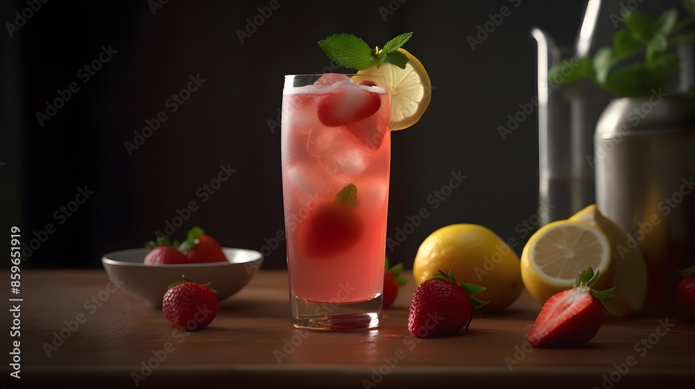 Delight in a crisp and fruity cocktail with this classic red drink, elegantly decorated with juicy strawberries and fresh mint.