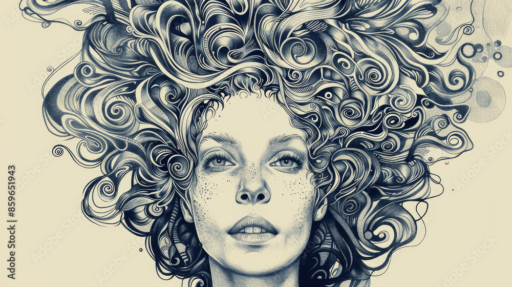 A close-up drawing of a face with detailed, swirling hair patterns and freckles. The hair forms complex, flowing shapes around the head. A close-up drawing of a face with detailed, swirling hair patterns and freckles. The hair forms complex, flowing shapes around the head.