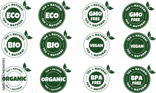 bio. gmo free, organic sticker, label, badge and logo. Ecology icon. Logo template with green leaves for organic and eco friendly produckts. Vector illustration
