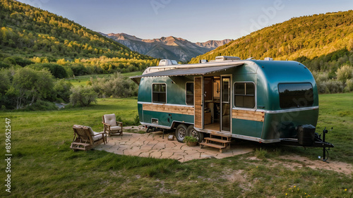 House on wheels stands in an area with a picturesque landscape, background