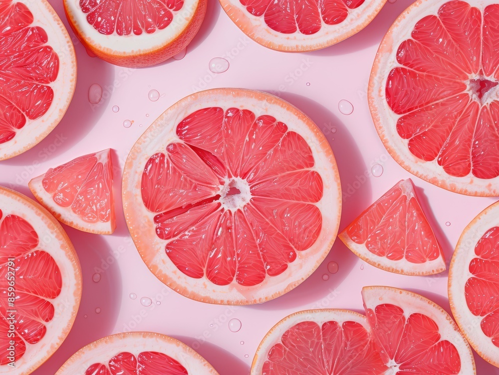 Artistic close-up of halved grapefruits, showcasing their pinkish-red interiors and juicy segments glistening under light, highlighting texture and freshness Artistic close-up of halved grapefruits, showcasing their pinkish-red interiors and juicy segments glistening under light, highlighting texture and freshness