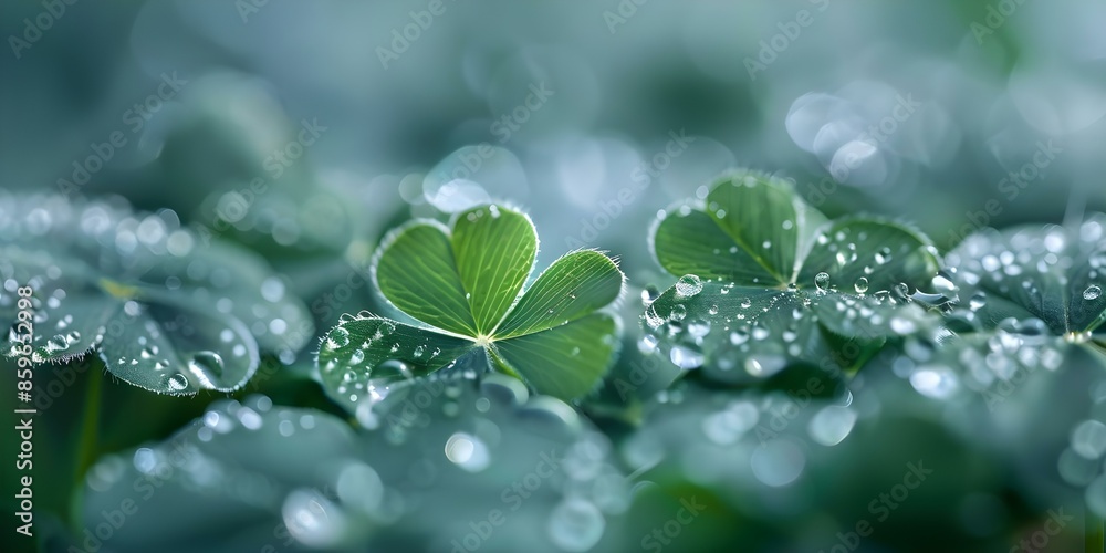 Capturing the Beauty of Fresh Green Clovers with Dew Drops. Concept Nature Photography, Macro Shots, Botanical Beauty, Water Droplets, Close up Details Capturing the Beauty of Fresh Green Clovers with Dew Drops. Concept Nature Photography, Macro Shots, Botanical Beauty, Water Droplets, Close up Details