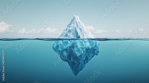 Beautiful iceberg in the ocean, its massive hidden bulk beneath the waterline, showcasing the marvels and mysteries of nature, stunning clarity and detail, 8k photo