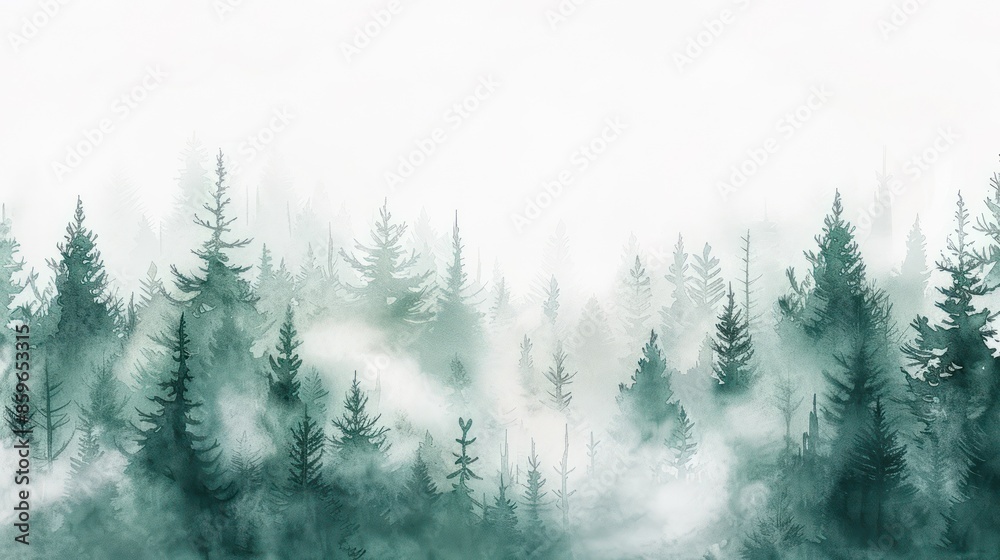 Beautiful misty forest landscape with tall evergreen trees and light fog. Tranquil and serene atmosphere in a natural wilderness setting.