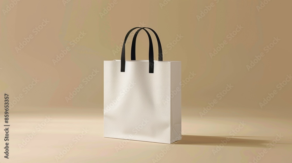 White shopping bag with black handles on beige background, minimalist aesthetic concept White shopping bag with black handles on beige background, minimalist aesthetic concept