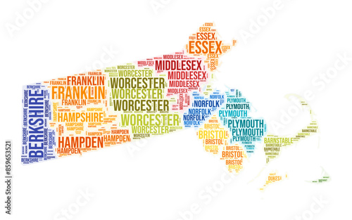 Massachusetts county word cloud. State shape design. Massachusetts colored illustration. County names collage cloud. Vector illustration.