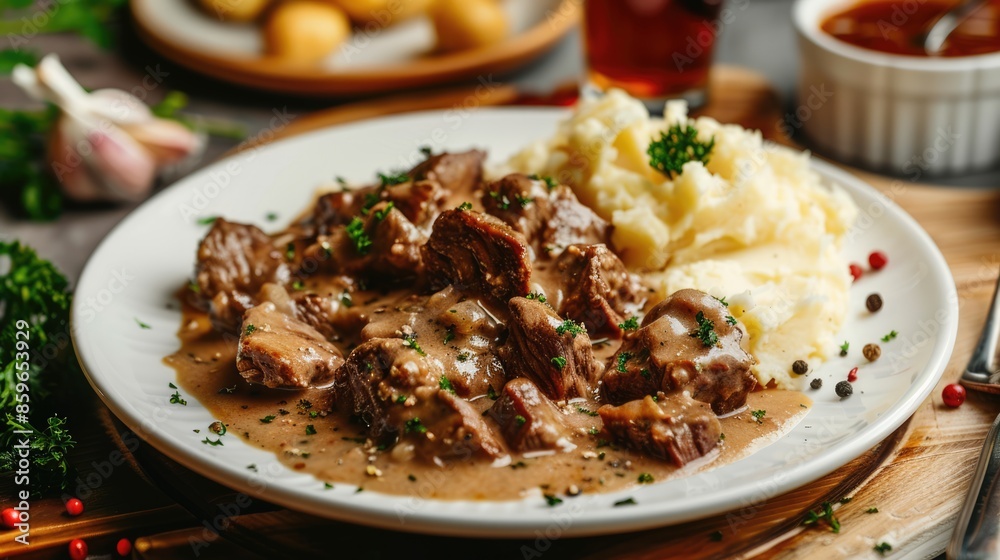 Beef stroganoff dish with gravy and mashed potatoes on white plate on wooden table